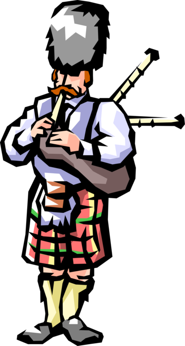 Vector Illustration of Scottish Bagpiper Plays Highland Bagpipes with All He's Got