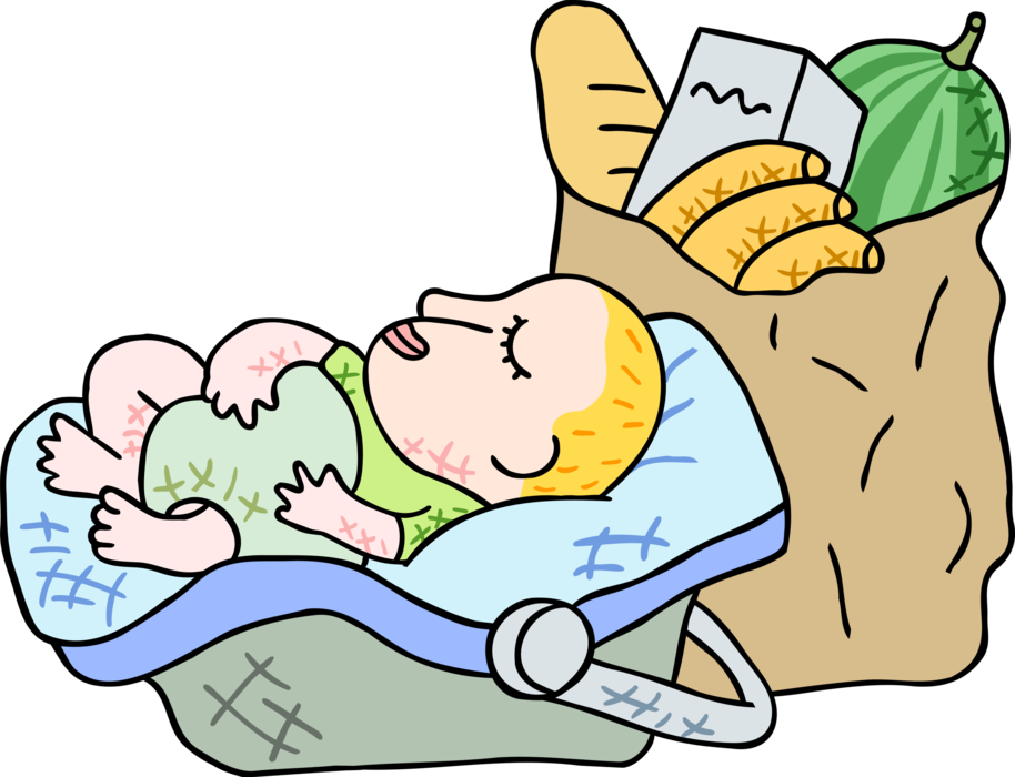 Vector Illustration of Sleeping Infant Baby with Supermarket Groceries