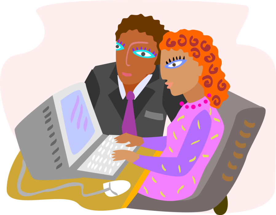 Vector Illustration of Business Meeting, Man and Woman at Computer