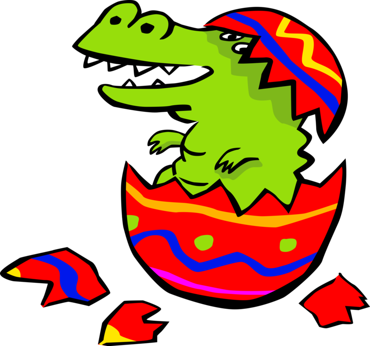 Vector Illustration of Baby Alligator Reptile Hatching from Painted Easter Egg