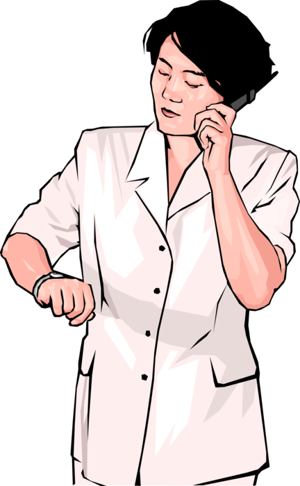 Vector Illustration of Businesswoman Speaks on Telephone Checks the Time on Wristwatch
