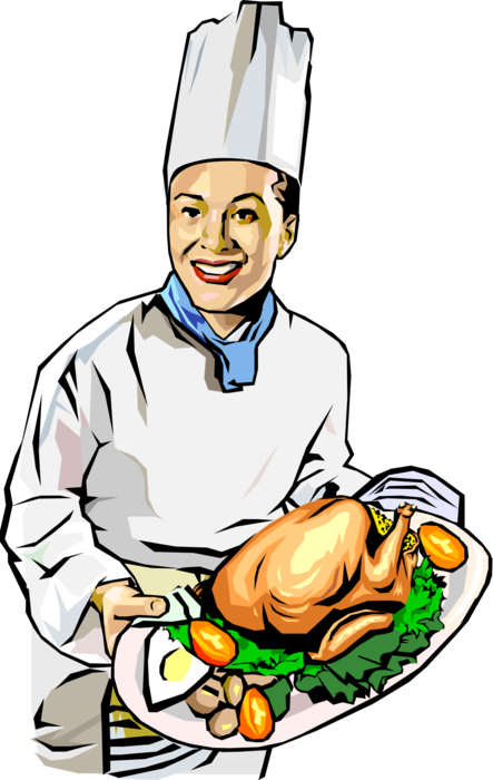 Vector Illustration of Culinary Cuisine Restaurant Chef Prepares Poultry Turkey Dinner in Kitchen