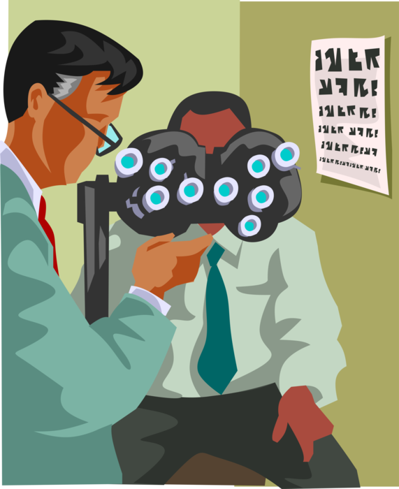 Vector Illustration of Man Receiving Vision Test from Eye Doctor Optician