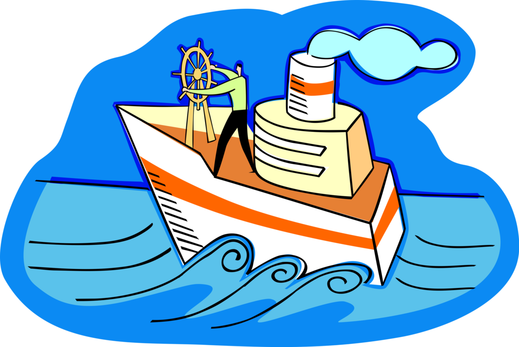 Vector Illustration of Maritime Captain Steering Ship's Helm Wheel on the High Seas to Change Vessel Course