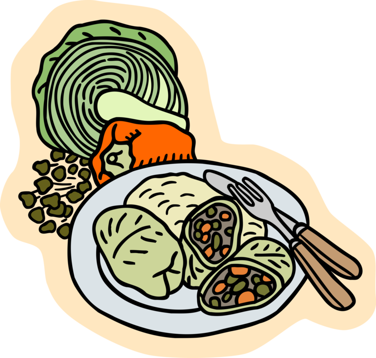 Vector Illustration of Dinner Plate of Stuffed Cabbage Rolls with Bell Peppers and Capers