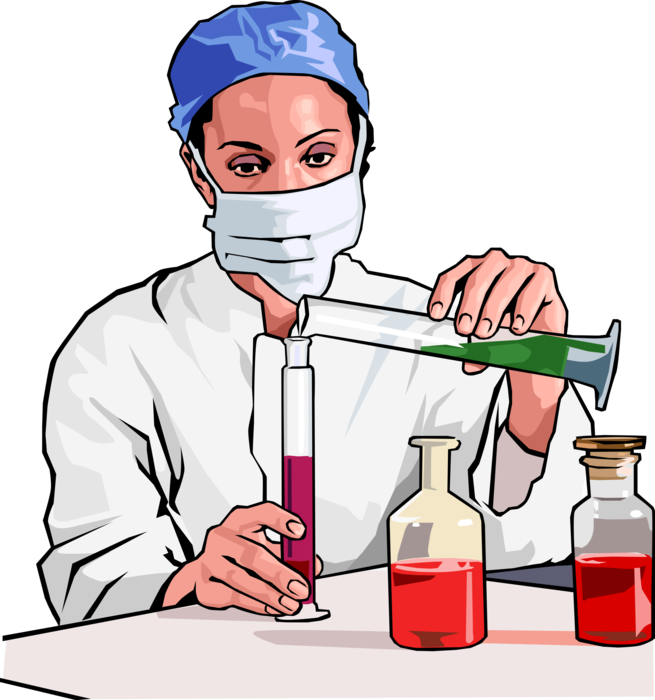 Vector Illustration of Laboratory Research Chemist Pours Liquid into Flask
