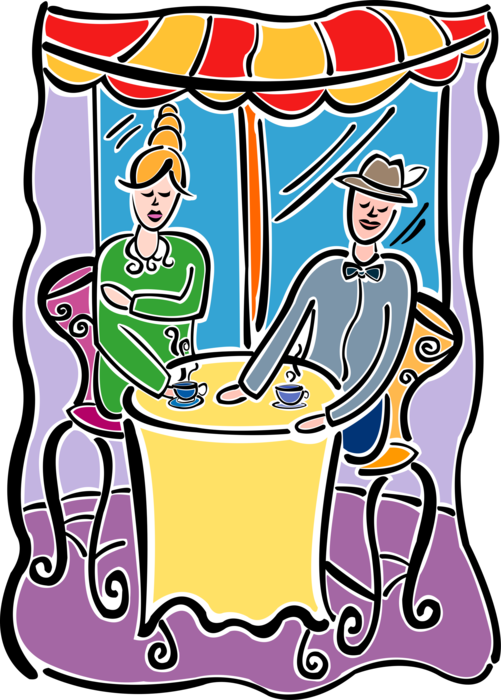 Vector Illustration of Couple Enjoy Romantic Coffee at Outdoor Parisian Café