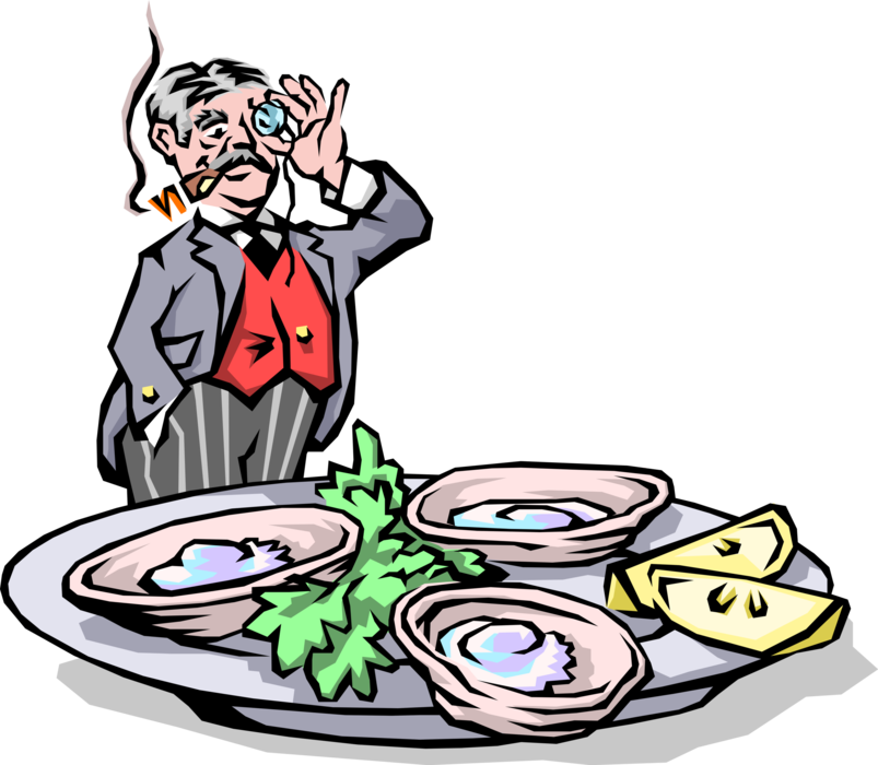 Vector Illustration of Stodgy Old Man with Tray of Oysters on the Half Shell
