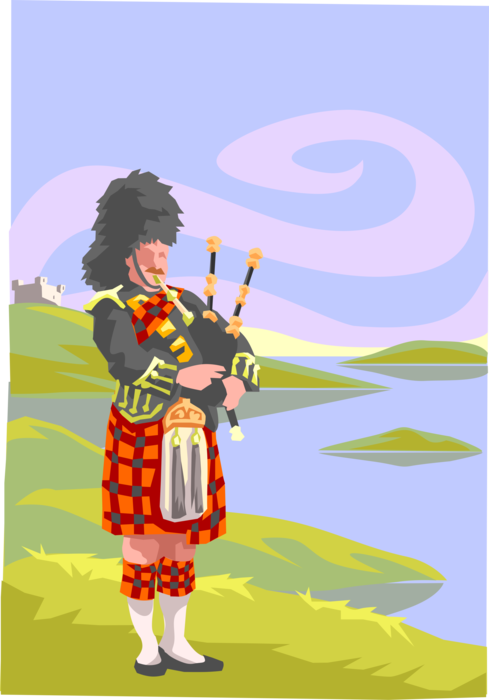 Vector Illustration of Scottish Bagpiper Plays Highland Bagpipes in Kilt in Scotland