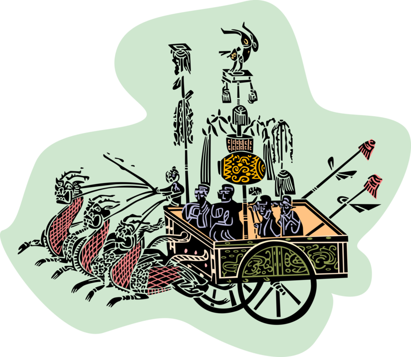 Vector Illustration of Chinese Mythological Folklore Dragons Pull Men in Cart