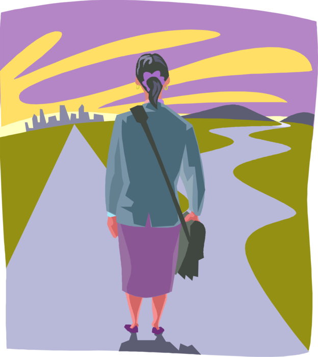 Vector Illustration of Businesswoman at Fork in Road Chooses Path to Take