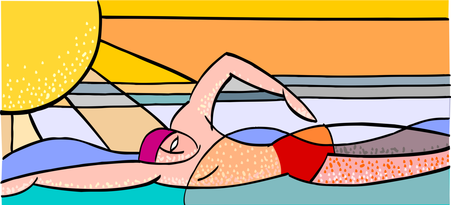 Vector Illustration of Long Distance Swimmer Swimming as Sun Sets