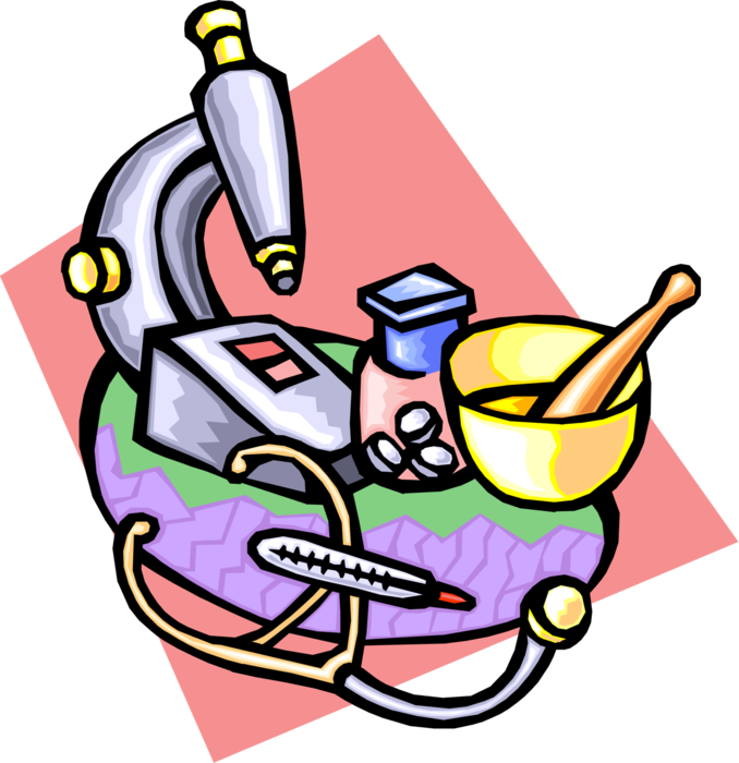 Vector Illustration of Medical Research Microscope, Mortar and Pestle with Stethoscope and Drugs