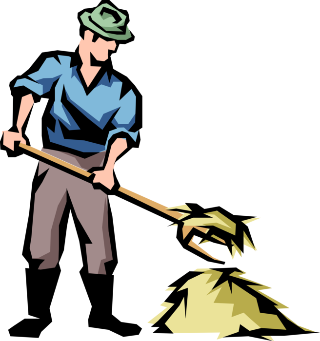 Vector Illustration of Farmer with Pitchfork and Hay Crop Harvest