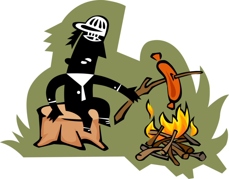 Vector Illustration of Outdoor Camping with Camper Roasting Hotdog Sausage Over Open Fire