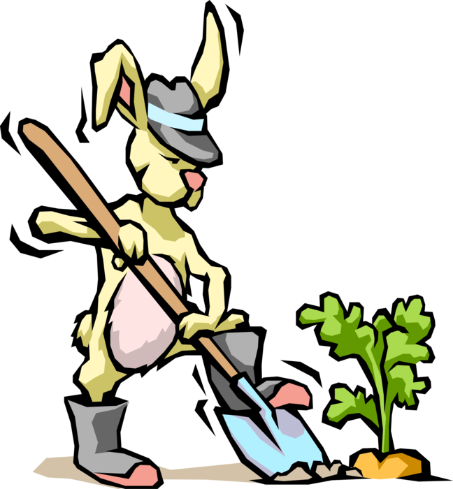 Vector Illustration of Small Mammal Rabbit Digs Garden Vegetable Carrot with Shovel