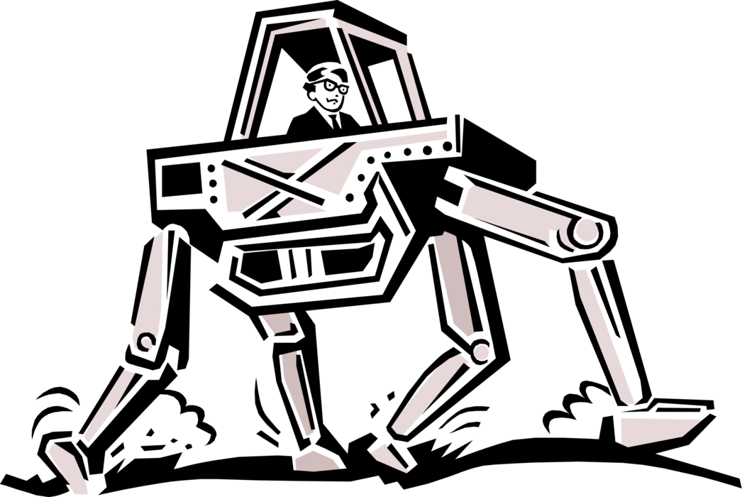 Vector Illustration of Man Controls Robot Walking on Land