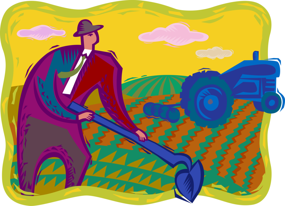 Vector Illustration of Businessman Farmer Working in Field with Hoe and Farm Tractor