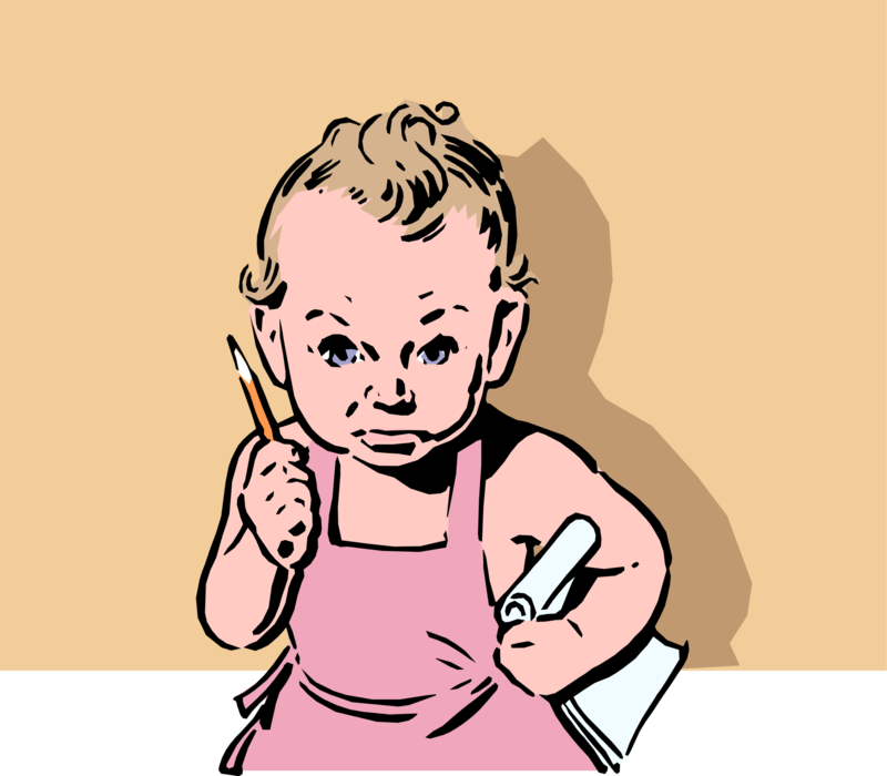 Vector Illustration of Determined Baby with Pencil and Notepad
