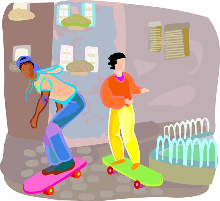 Vector Illustration of Friends on Skateboards Skateboarding in City