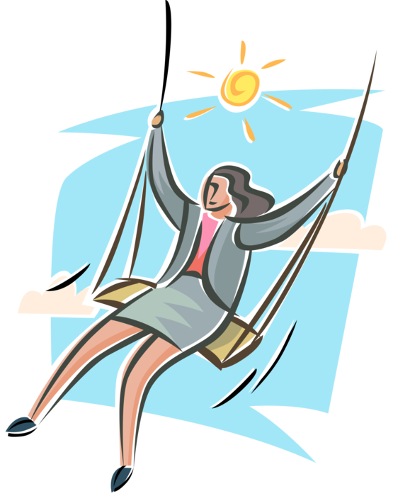 Vector Illustration of Woman Relaxes Swinging on Swing on Sunny Day