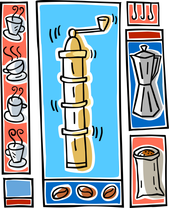 Vector Illustration of Coffee Grinder with Cups of Coffee, Beans and Coffee Pot
