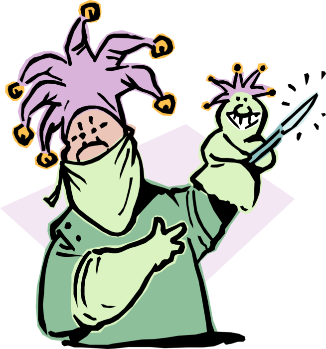 Vector Illustration of Court Jester Fool Doctor with Puppet and Scalpel Surgical Knife