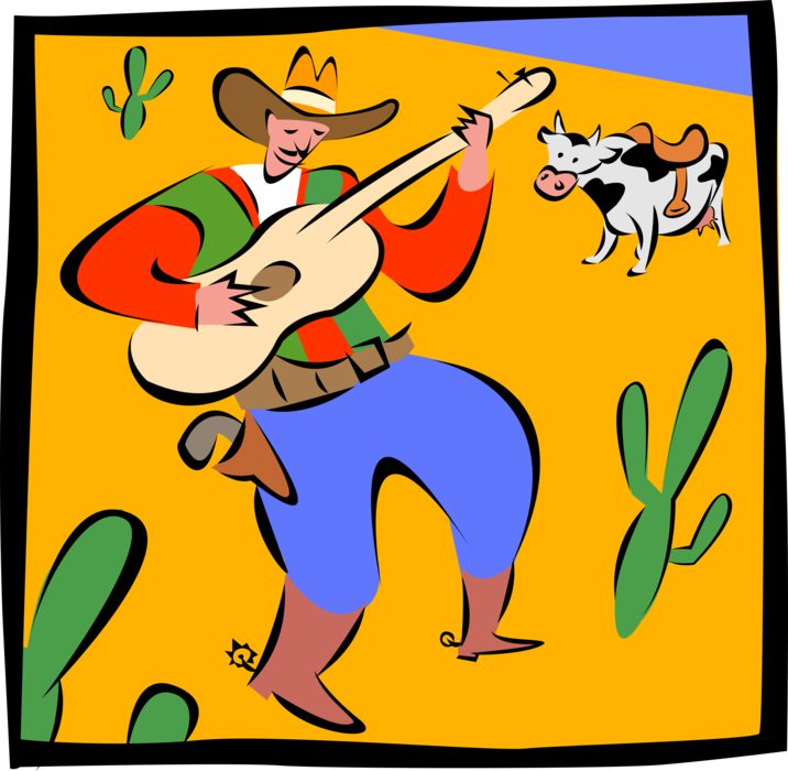 Vector Illustration of Western Cowboy Playing Acoustic Guitar with Cow and Cactus