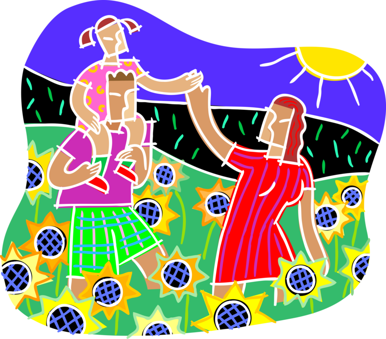 Vector Illustration of Family Walking Through Field of Sunflowers in Summer