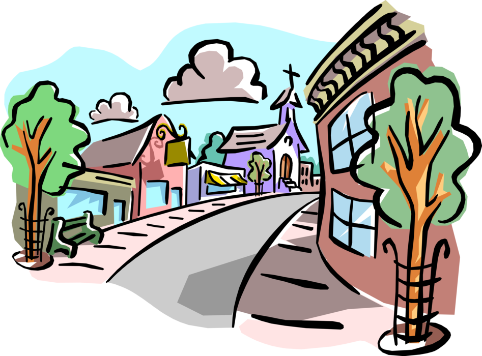 Vector Illustration of Small Town Street Scene