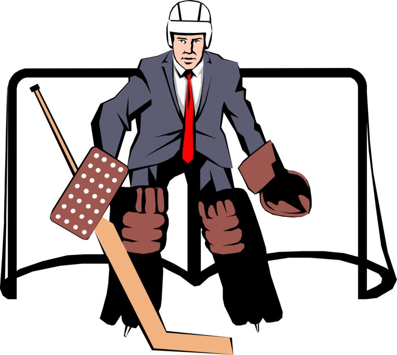 Vector Illustration of Businessman Ice Hockey Goalie Protects Goal Net