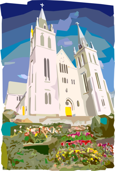 Vector Illustration of Christian Church Cathedral House of Worship with Spires in Summer