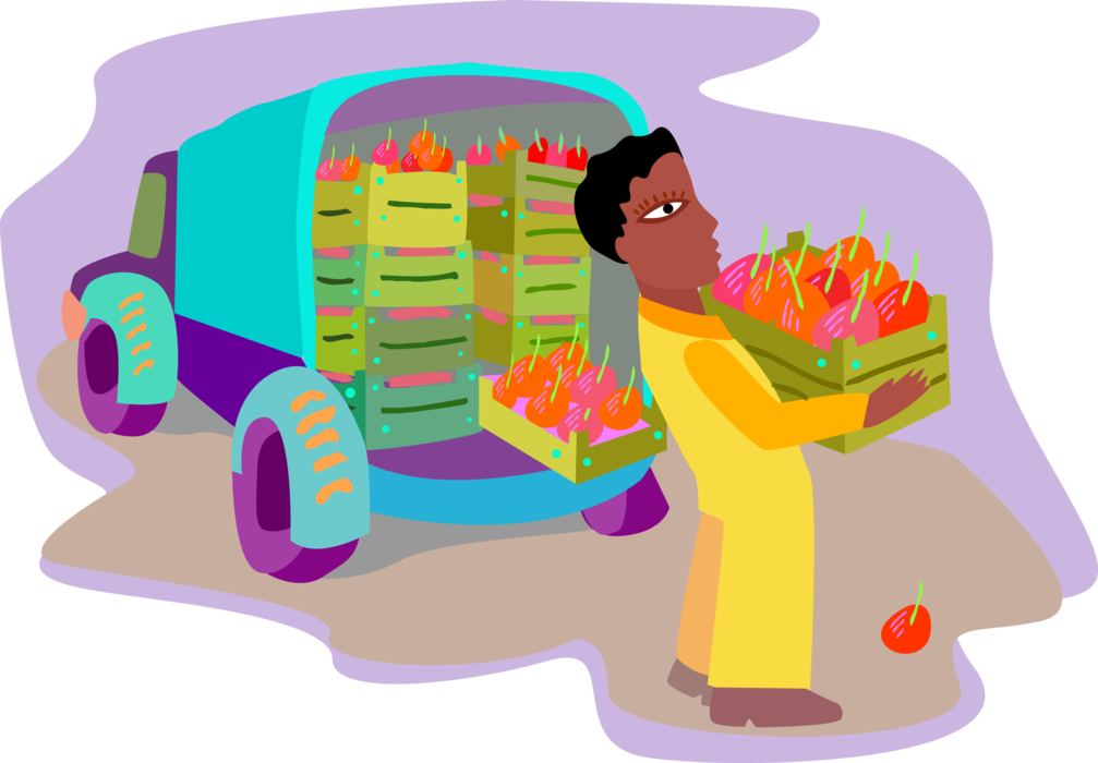 Vector Illustration of Man Unloading Fresh Fruits from Delivery Van