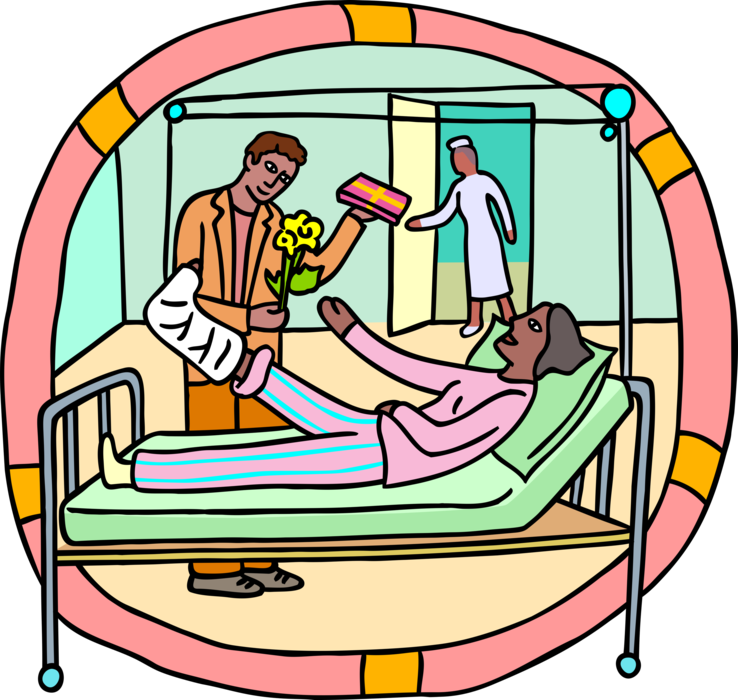 Vector Illustration of Hospital Patient with Broken Leg Receives Visitor with Flowers and Candy Gifts