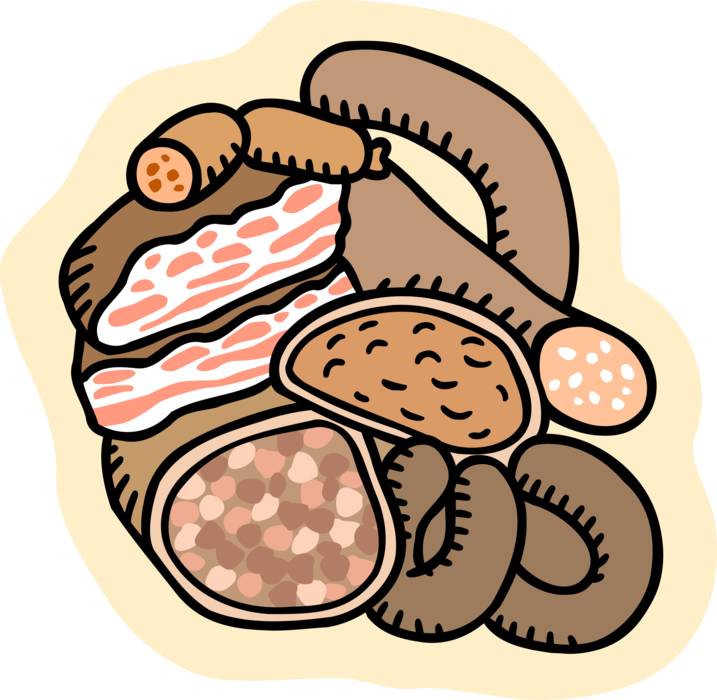 Vector Illustration of Deli Meats with Bacon and Sausage Links From Delicatessen