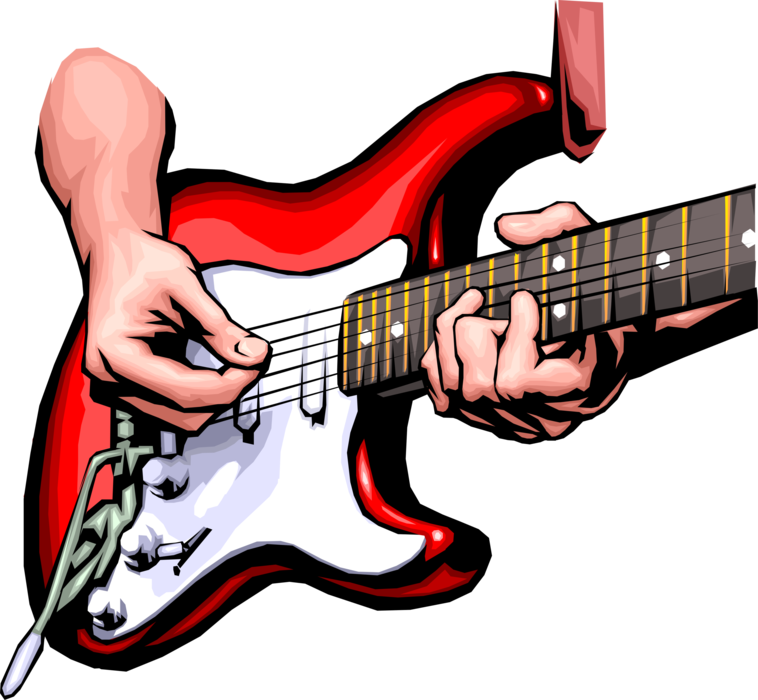 Vector Illustration of Hands Playing the Electric Fender Stratocaster Guitar Musical Instrument
