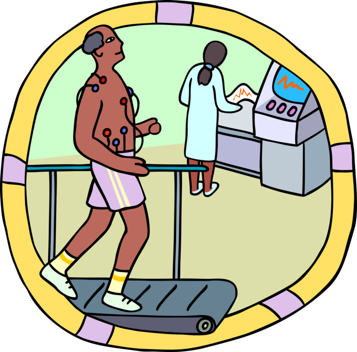 Vector Illustration of Health Care Nurse Administers Heart Stress Test on Treadmill with Patient and Checks Results