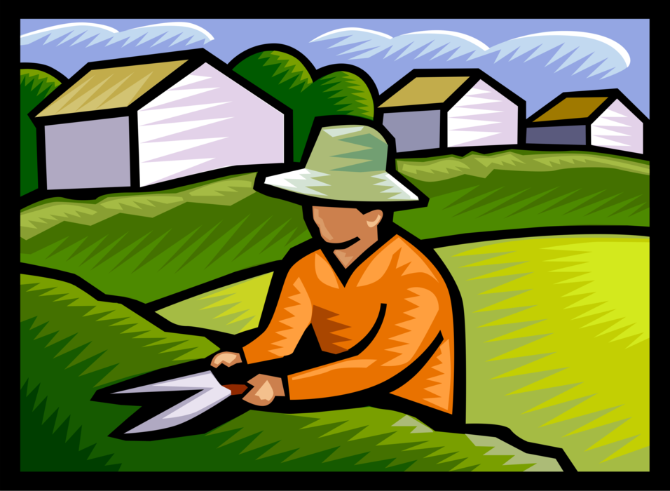 Vector Illustration of Lawn Care Worker Trims Hedge with Pruning Shears