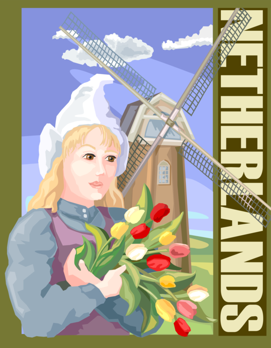 Vector Illustration of Netherlands Postcard Design with Windmill and Tulip Bulbous Plant Flowers