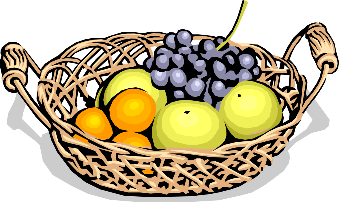 Vector Illustration of Wicker Basket of Fresh Fruit with Citrus Oranges, Grapefruit and Grapes