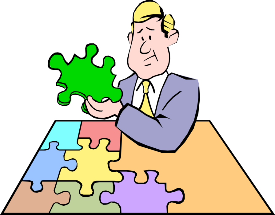 Vector Illustration of Businessman Holding Puzzle Piece Tests Ingenuity or Knowledge