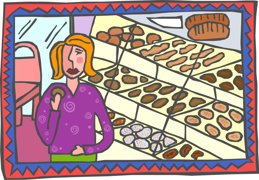 Vector Illustration of Female Customer Buys Fresh Baked Goods in Bakery