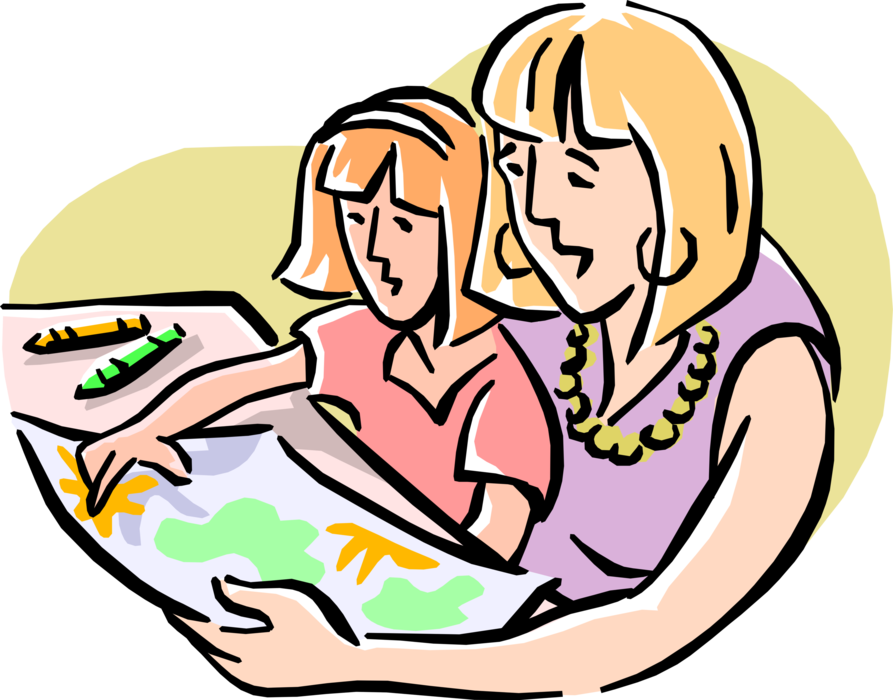 Vector Illustration of Mother Encourages Artistic Daughter's Coloring Drawing with Crayons
