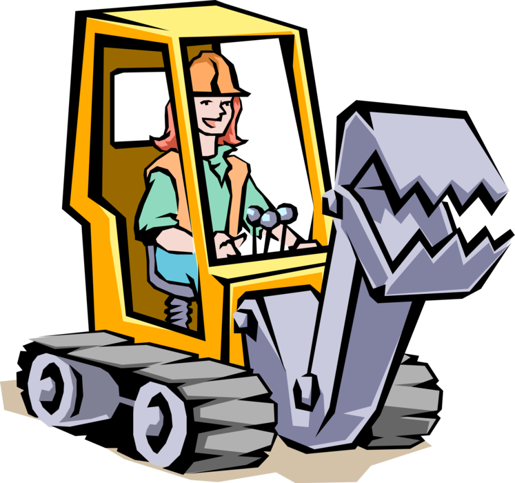 Vector Illustration of Female Heavy Equipment Specialist Drives Construction Excavator 
