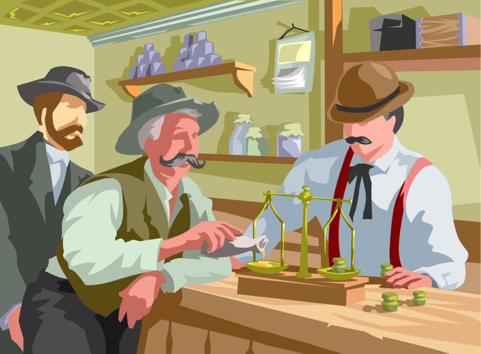 Vector Illustration of Old West Gold Prospector Weighing Gold Dust on Weight Scales