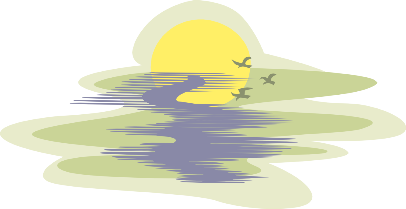Vector Illustration of Sun Setting with Birds in Flight 