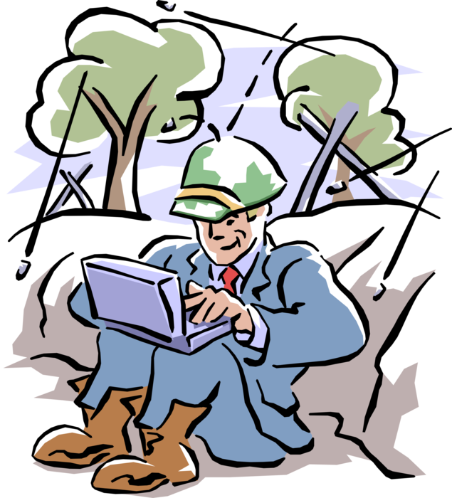Vector Illustration of Businessman Warrior in Trenches Under Fire Working on Laptop