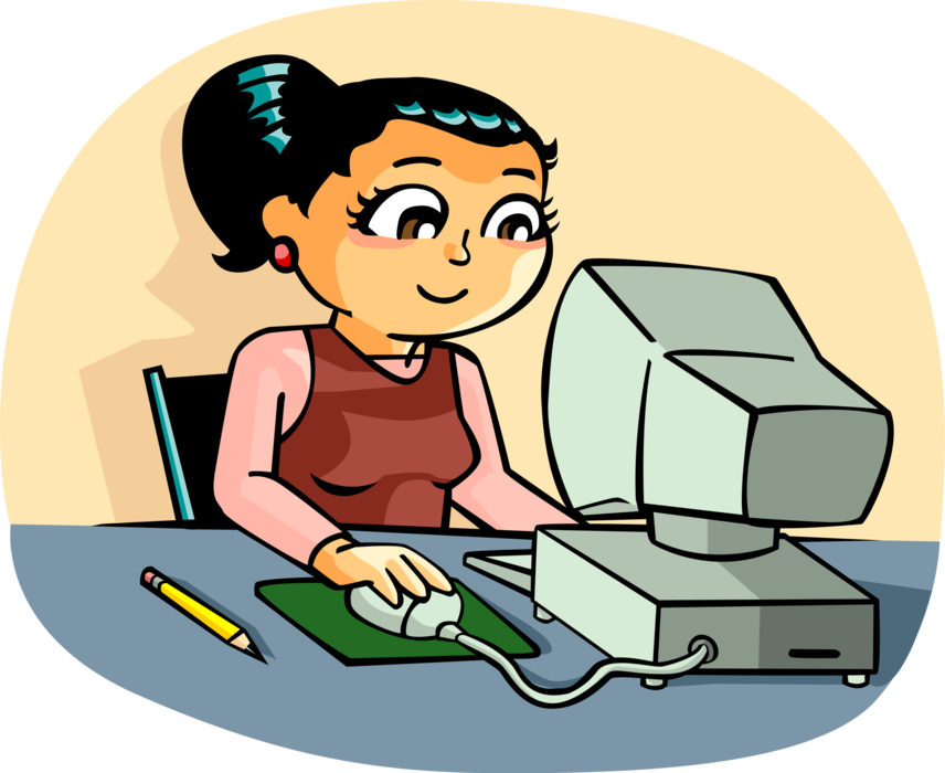 Vector Illustration of Secretary Checks Online Shopping Deals on Workplace Computer