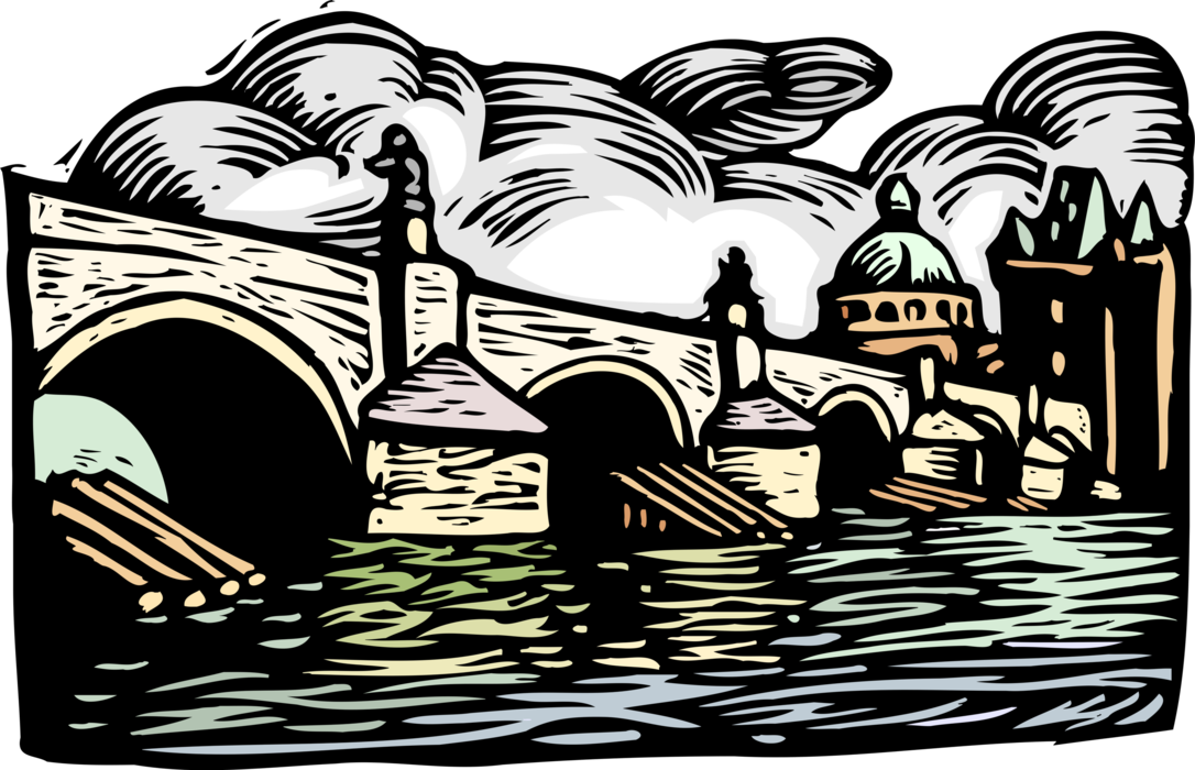 Vector Illustration of Charles Bridge, Prague, with St. Francis of Assisi Church, Czech Republic