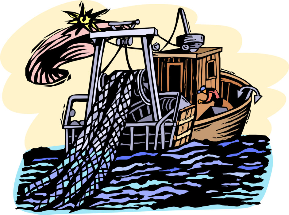 Vector Illustration of Commercial Fishing Trawler Boat Bringing in Trawling Fish Net